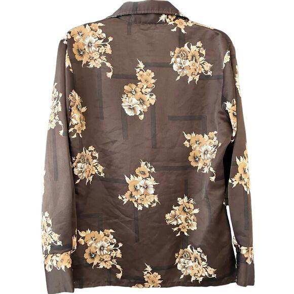 Vintage 70s Brown Floral Disco Button Down Long Sleeve Shirt Adult Medium - Picture 2 of 3